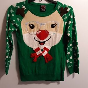 Well Worn Brand Holiday Sweater w/ Reindeer w/ Sequined Glasses & Scarf Youth XL